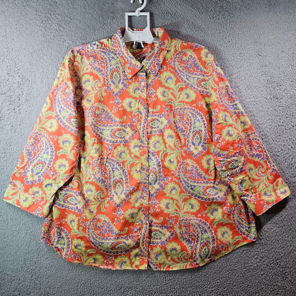 Lauren Ralph Lauren Paisley Shirt Women 3X Button Up Colorful Orange Purple